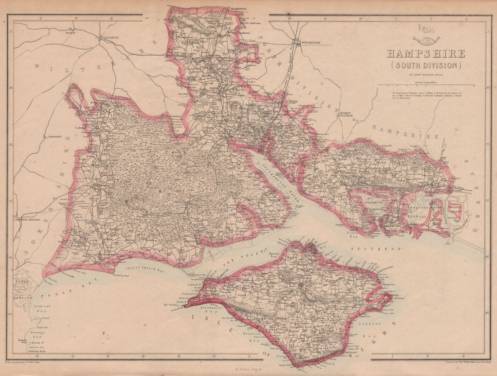 HAMPSHIRE SOUTH Isle of Wight New Forest Southampton Portsmouth WELLER 1863 map